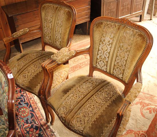 Pair carved & upholstered armchairs